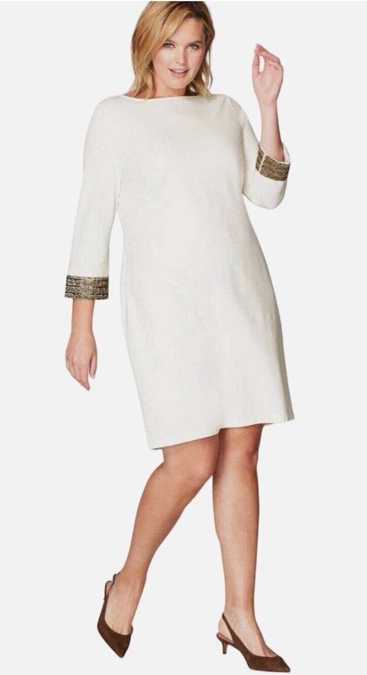 J. Jill by Christian Siriano Women's Ponte Knit Beaded Cuff Dress Cream Sz M NEW